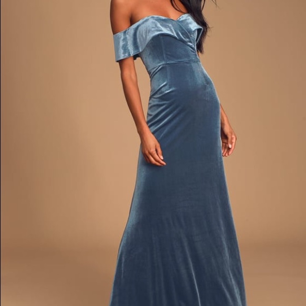 Dusty Blue Velvet Off-the-Shoulder Maxi Dress